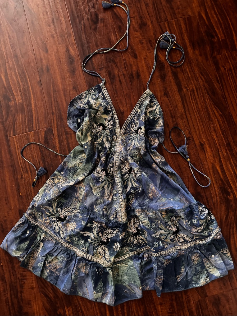 NWT Floral Fairy Navy and Gold Sequin Embroidered Tie-Strap Halter Sundress